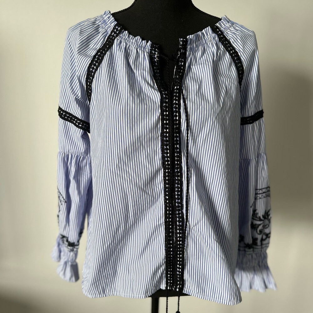 Striped Blue Women's Top with Black Accents